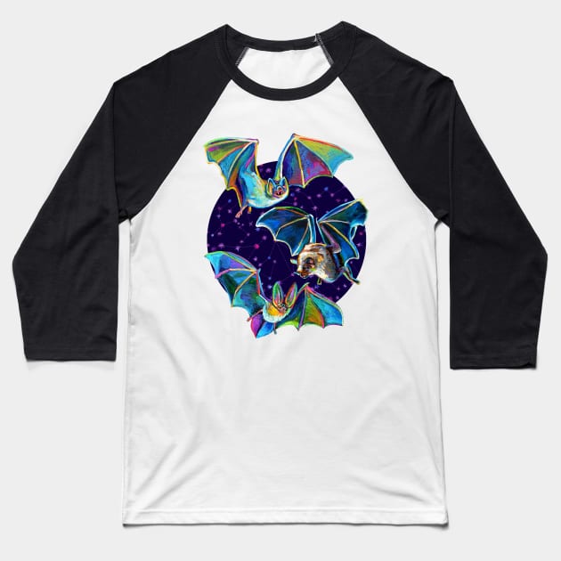 Psychedelic Bat Trio Pattern on Blue Baseball T-Shirt by RobertPhelpsArt